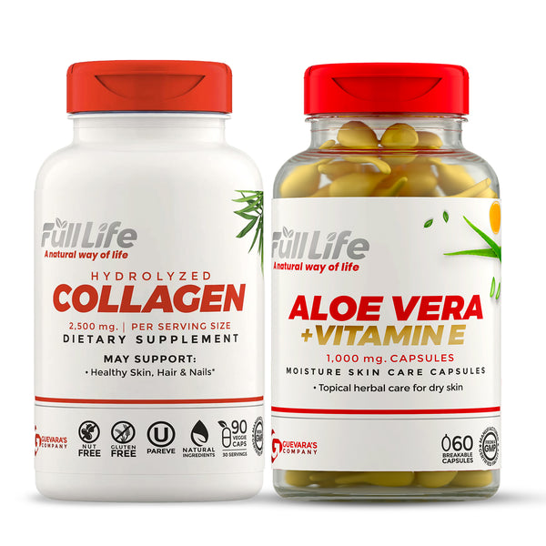 Full Life Hydrolyzed Bovine Collagen 2,500 Mg 90 Veggie Capsules + Aloe Vera with Vitamin E - Topical Use - 60 Breakable Capsules