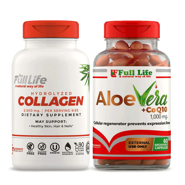 Full Life Hydrolyzed Bovine Collagen 2,500 Mg 90 Veggie Capsules + Aloe Vera with CoQ10 - Topical Use - 60 Breakable Capsules