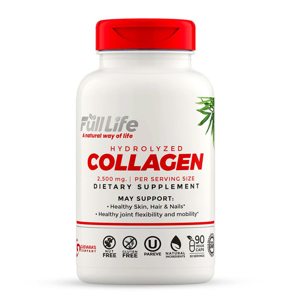 Full Life Colágeno Bovino Hidrolizado 2500 mg - Apoya Cabello y Piel Saludables - Kosher - 90 Cápsulas Vegetarianas
