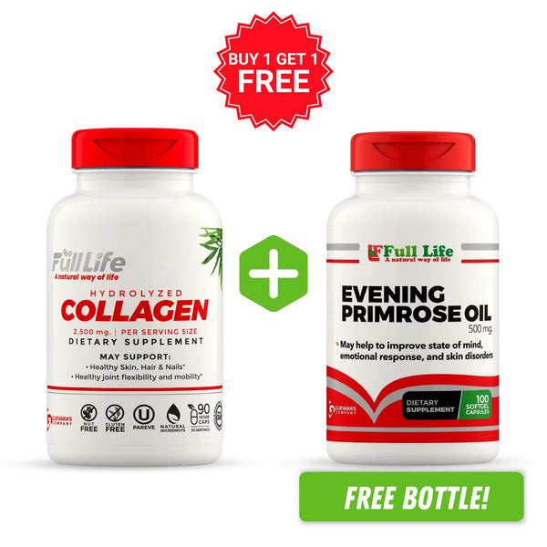 Full Life Hydrolyzed Bovine Collagen 2,500 Mg 90 Veggie Capsules + Evening Primrose Oil 500 mg - 100 Softgel